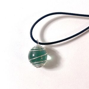 Simple Minimalist Green Glass Marble Orb Wire Wrap Pendant Necklace Vegan Cord